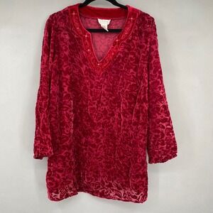 Vintage Chelsea Studio Red Velvet Burnout Floral Tunic Top Medium Whimsygoth